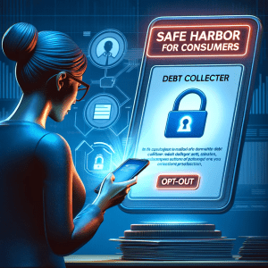 CreditOneSolutions.com provides Consumer reading a message from a debt collector on their smartphone, with an opt-out option shown. In the background, symbolic icons like a shield represent consumer protection.