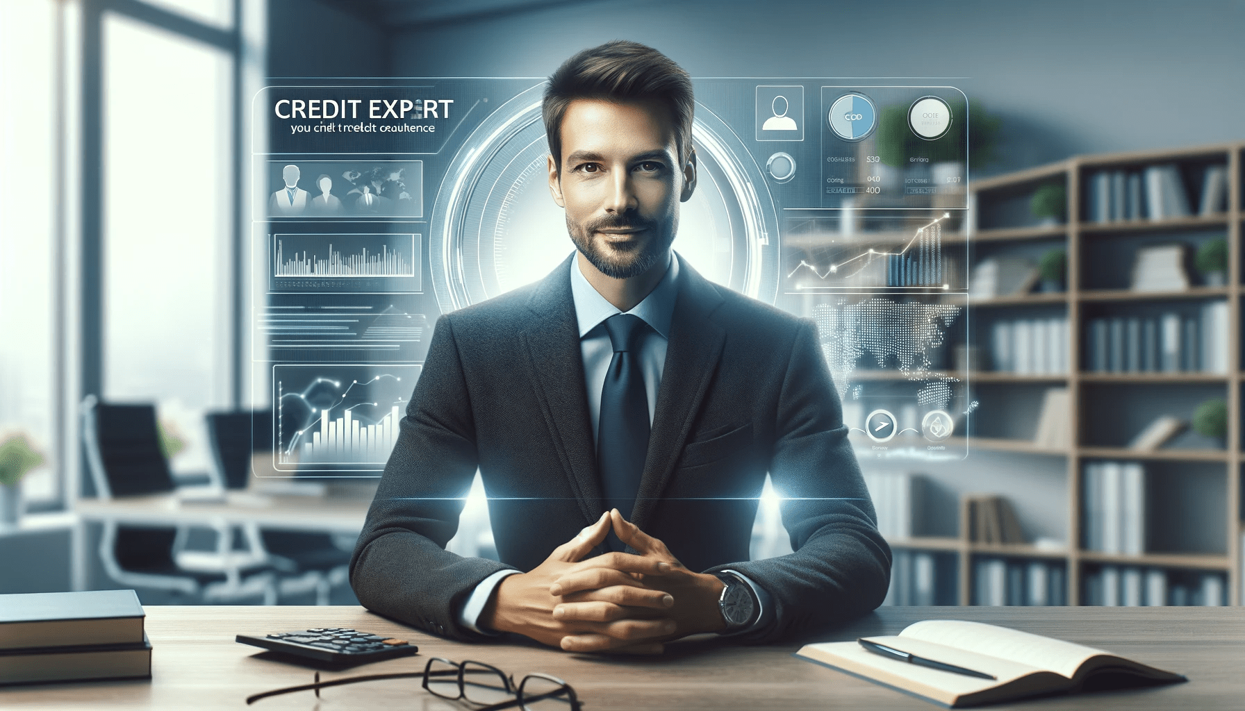 Credit1solutions.com Trademark: Professional financial coach in an office setting, surrounded by financial charts and credit score displays, illustrating wealth building strategies