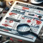 Close-up of a credit report with red circles highlighting fraudulent activities on a desk, including a magnifying glass, pen, and coffee cup.